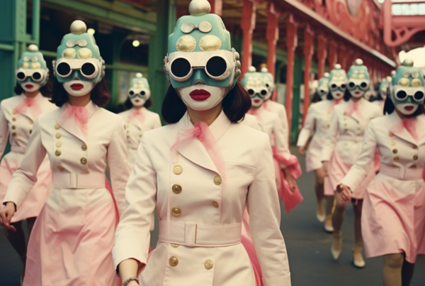 A vibrant scene unfolds as a group of women, dressed in colorful costumes and masks, walk down a bustling street. The women are wearing pink dresses and white masks, creating a striking visual contrast. One woman stands out in a pink dress, while another is in a white suit. Surrounding them are various people in different costumes, adding to the festive atmosphere. The image captures the energy and excitement of a parade or festival, with the participants exuding joy and celebration. The street is filled with onlookers, and the overall ambiance is one of merriment and revelry.
