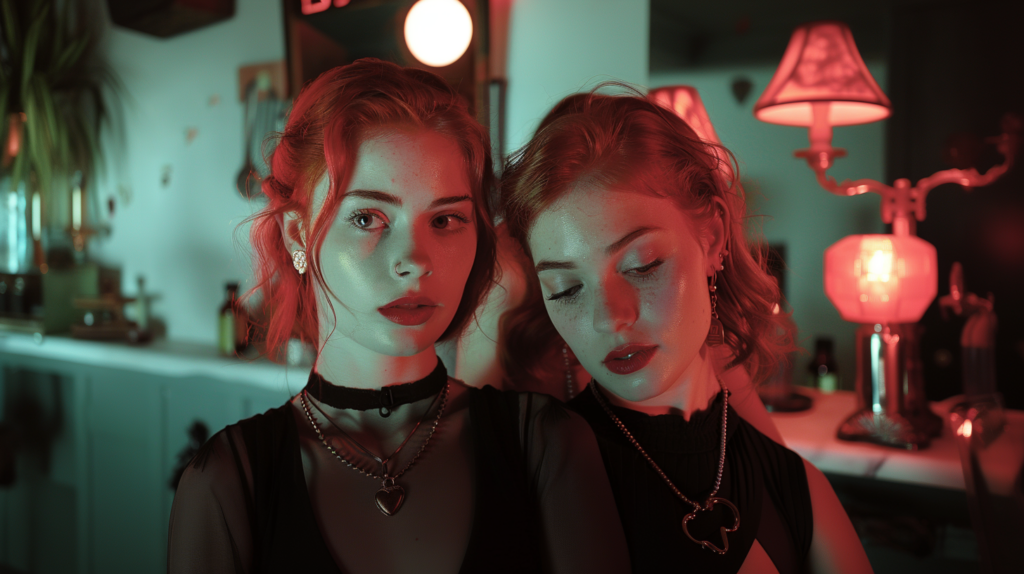 In a dimly lit room with a prominent red light, two women are present. One woman is wearing a necklace with a heart pendant, while the other woman is adorned with a necklace. The room also contains various objects such as a bottle, candles, and several lamps, adding to the mysterious atmosphere. The women have striking features, with one having red hair and the other having blue eyes. The room''s color scheme includes shades of red, brown, and cream, creating a warm and intimate setting. The women''s expressions and body language suggest a sense of contemplation or intimacy.