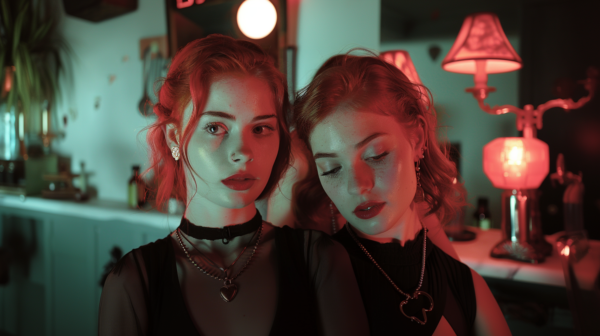 In a dimly lit room with a prominent red light, two women are present. One woman is wearing a necklace with a heart pendant, while the other woman is adorned with a necklace. The room also contains various objects such as a bottle, candles, and several lamps, adding to the mysterious atmosphere. The women have striking features, with one having red hair and the other having blue eyes. The room''s color scheme includes shades of red, brown, and cream, creating a warm and intimate setting. The women''s expressions and body language suggest a sense of contemplation or intimacy.