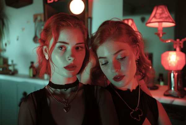 In a dimly lit room with a prominent red light, two women are present. One woman is wearing a necklace with a heart pendant, while the other woman is adorned with a necklace. The room also contains various objects such as a bottle, candles, and several lamps, adding to the mysterious atmosphere. The women have striking features, with one having red hair and the other having blue eyes. The room''s color scheme includes shades of red, brown, and cream, creating a warm and intimate setting. The women''s expressions and body language suggest a sense of contemplation or intimacy.