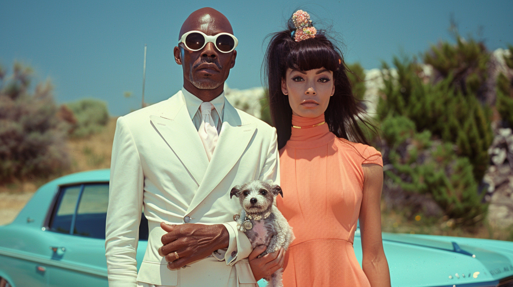 A man and a woman are dressed in a stylish white suit with sunglasses. The woman, who appears to be in her late 20s, is wearing a peach dress and is holding a small dog in her arms. The man is wearing a blue tie and a white shirt. The image also features a dog with a collar around its neck. The couple is standing together in what seems to be a desert setting. The woman has long hair and is striking a pose while holding the dog. The man is wearing glasses and both individuals are looking fashionable and elegant.