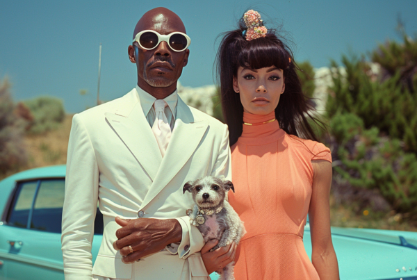 A man and a woman are dressed in a stylish white suit with sunglasses. The woman, who appears to be in her late 20s, is wearing a peach dress and is holding a small dog in her arms. The man is wearing a blue tie and a white shirt. The image also features a dog with a collar around its neck. The couple is standing together in what seems to be a desert setting. The woman has long hair and is striking a pose while holding the dog. The man is wearing glasses and both individuals are looking fashionable and elegant.