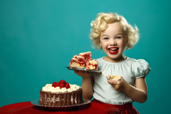 A young girl, around 3 years old, is joyfully holding a plate with a piece of chocolate cake on it. The cake is beautifully decorated with whipped cream and strawberries. The girl has long hair and is smiling sweetly. She is sitting at a table with a red tablecloth. The image exudes a warm and cozy atmosphere. In the background, there is a loaf of bread and a small ring on the table. The primary colors in the scene are shades of brown, green, and blue. The focus is on the girl''s happy expression as she holds the delicious treat in her hands.