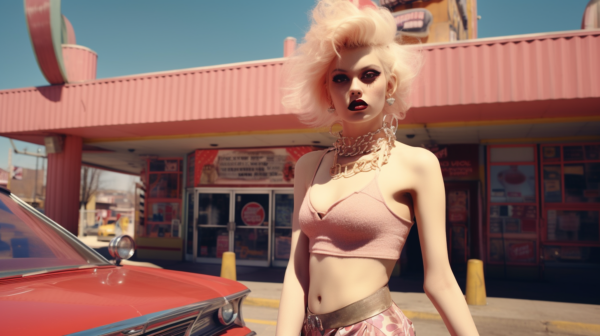 A Woman In A Pink Top And Skirt Standing In Front Of A Car.