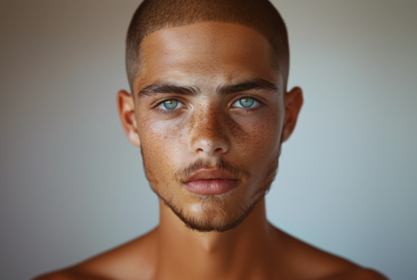 A close-up portrait of a young man with very short hair and a freckled face. His blue eyes gaze directly at the camera, showcasing his unique features. The man exudes a sense of confidence and calmness, with a hint of a mustache adding to his rugged charm. His shaved head accentuates his facial features, drawing attention to his captivating eyes and freckles. The overall composition captures the essence of masculinity and individuality, making this image a striking representation of natural beauty and self-assurance.