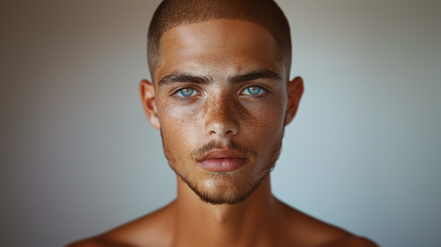 A close-up portrait of a young man with very short hair and a freckled face. His blue eyes gaze directly at the camera, showcasing his unique features. The man exudes a sense of confidence and calmness, with a hint of a mustache adding to his rugged charm. His shaved head accentuates his facial features, drawing attention to his captivating eyes and freckles. The overall composition captures the essence of masculinity and individuality, making this image a striking representation of natural beauty and self-assurance.