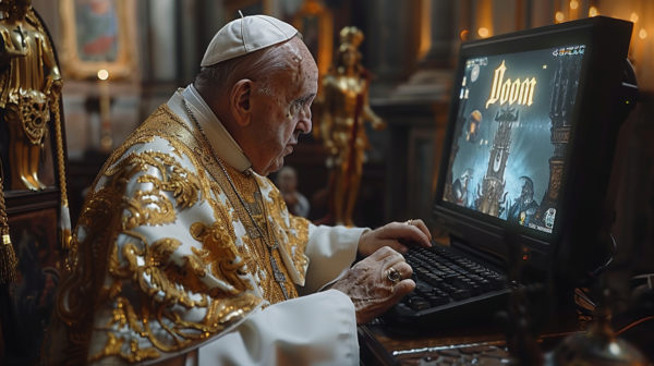 In this image, we see a man dressed in priest''s robes sitting at a desk in what appears to be a church. He is focused on using a laptop computer, with a keyboard in front of him. The man is wearing a hat and a ring on his finger, adding to the religious and formal atmosphere of the scene. The background includes a large monitor or TV screen mounted on the wall. The man''s expression is serious and concentrated as he works on the laptop. The overall setting suggests a blend of traditional religious elements with modern technology.