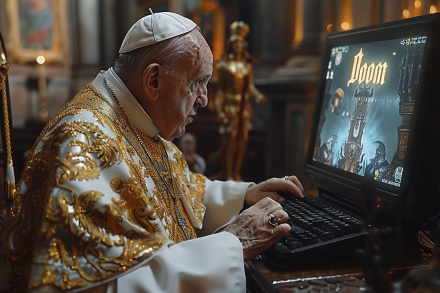 In this image, we see a man dressed in priest''s robes sitting at a desk in what appears to be a church. He is focused on using a laptop computer, with a keyboard in front of him. The man is wearing a hat and a ring on his finger, adding to the religious and formal atmosphere of the scene. The background includes a large monitor or TV screen mounted on the wall. The man''s expression is serious and concentrated as he works on the laptop. The overall setting suggests a blend of traditional religious elements with modern technology.