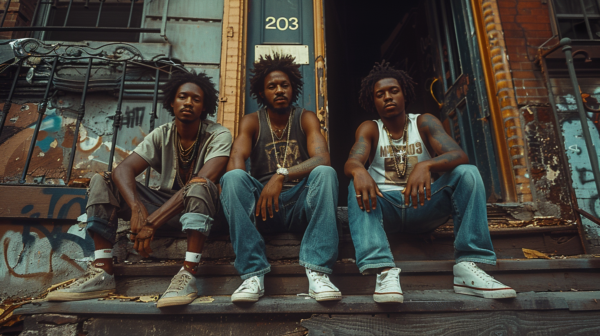Three young men are casually sitting on a stone step in front of a building. The first man, wearing a white t-shirt and black shorts, has a chain necklace around his neck. The second man, in a black t-shirt and jeans, has his hands on his knees. The third man, with dreadlocks and a grey shirt, has his foot propped up. They all wear sneakers, with various styles and colors. The image is in black and white, with a primary color palette of dark greens, greys, and blacks. The men appear relaxed and engaged in conversation, creating a laid-back and urban vibe.