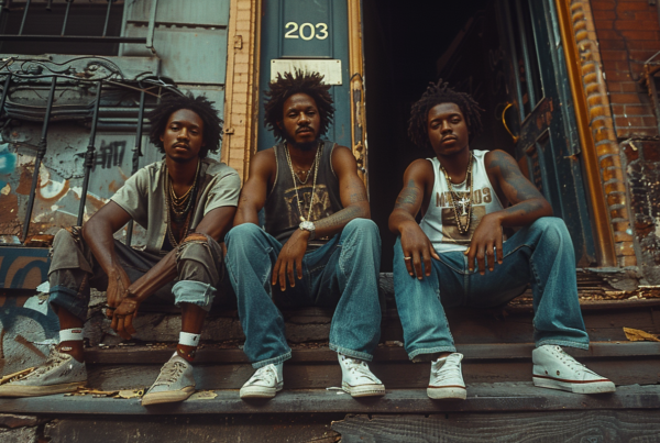 Three young men are casually sitting on a stone step in front of a building. The first man, wearing a white t-shirt and black shorts, has a chain necklace around his neck. The second man, in a black t-shirt and jeans, has his hands on his knees. The third man, with dreadlocks and a grey shirt, has his foot propped up. They all wear sneakers, with various styles and colors. The image is in black and white, with a primary color palette of dark greens, greys, and blacks. The men appear relaxed and engaged in conversation, creating a laid-back and urban vibe.