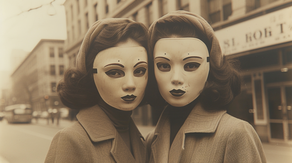 Two women are captured in a city street wearing masks. The first woman, aged 22, is wearing a mask and holding a cell phone. She is dressed in a brown jacket and has a hat on. The second woman, aged 29, is also wearing a mask. Both women are in close-up, with the first woman''s face showing more prominently. A car is also partially visible in the background. The primary colors in the image include shades of brown and beige. The scene conveys a sense of urban life and precautionary measures during the pandemic.