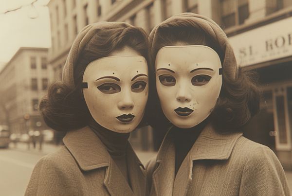 Two women are captured in a city street wearing masks. The first woman, aged 22, is wearing a mask and holding a cell phone. She is dressed in a brown jacket and has a hat on. The second woman, aged 29, is also wearing a mask. Both women are in close-up, with the first woman''s face showing more prominently. A car is also partially visible in the background. The primary colors in the image include shades of brown and beige. The scene conveys a sense of urban life and precautionary measures during the pandemic.