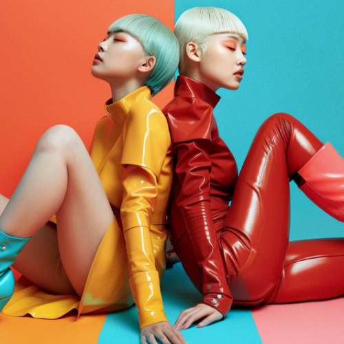 In this image, we see two women wearing eye-catching leather outfits. One woman is sitting on the colorful floor, showcasing her vibrant red, yellow, and blue latex attire. The other woman is also seated, flaunting her red leather pants and boots. The women''s outfits exude confidence and style, with one wearing high heel boots and the other donning turquoise boots. The setting is lively and bold, with hints of red, blue, and green colors. Additionally, there is a woman''s face visible in the image, a young female with an estimated age of 19, adding a personal touch to the scene.