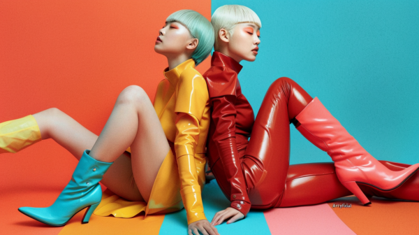 In this image, we see two women wearing eye-catching leather outfits. One woman is sitting on the colorful floor, showcasing her vibrant red, yellow, and blue latex attire. The other woman is also seated, flaunting her red leather pants and boots. The women''s outfits exude confidence and style, with one wearing high heel boots and the other donning turquoise boots. The setting is lively and bold, with hints of red, blue, and green colors. Additionally, there is a woman''s face visible in the image, a young female with an estimated age of 19, adding a personal touch to the scene.