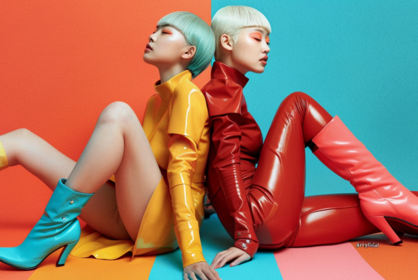 In this image, we see two women wearing eye-catching leather outfits. One woman is sitting on the colorful floor, showcasing her vibrant red, yellow, and blue latex attire. The other woman is also seated, flaunting her red leather pants and boots. The women''s outfits exude confidence and style, with one wearing high heel boots and the other donning turquoise boots. The setting is lively and bold, with hints of red, blue, and green colors. Additionally, there is a woman''s face visible in the image, a young female with an estimated age of 19, adding a personal touch to the scene.