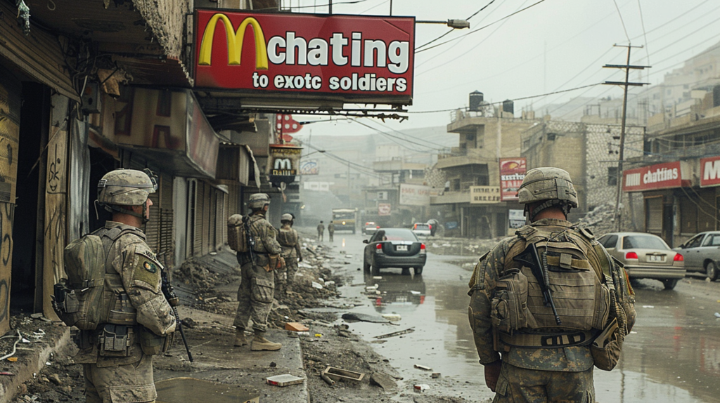 A group of soldiers, dressed in camouflage uniforms, are standing in the rain on a street. They are carrying guns and backpacks, and some are wearing helmets. The soldiers are positioned in front of a McDonald''s restaurant, with cars passing by in the background. The scene is intense and militaristic, with power lines overhead and mud on the ground. The soldiers appear to be on a mission or patrol, with a sense of urgency in the air. The rainy weather adds to the atmosphere of the image, creating a dramatic and somber tone.