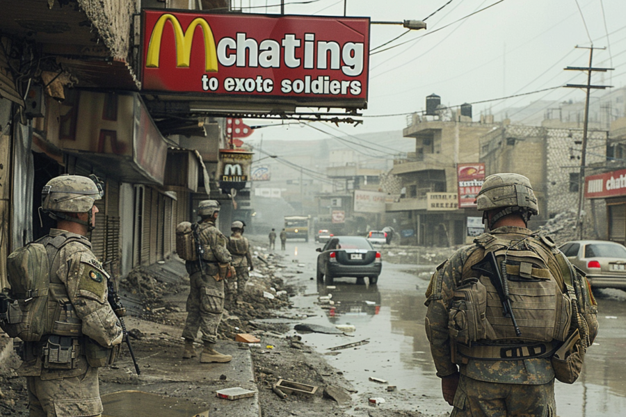 A group of soldiers, dressed in camouflage uniforms, are standing in the rain on a street. They are carrying guns and backpacks, and some are wearing helmets. The soldiers are positioned in front of a McDonald''s restaurant, with cars passing by in the background. The scene is intense and militaristic, with power lines overhead and mud on the ground. The soldiers appear to be on a mission or patrol, with a sense of urgency in the air. The rainy weather adds to the atmosphere of the image, creating a dramatic and somber tone.