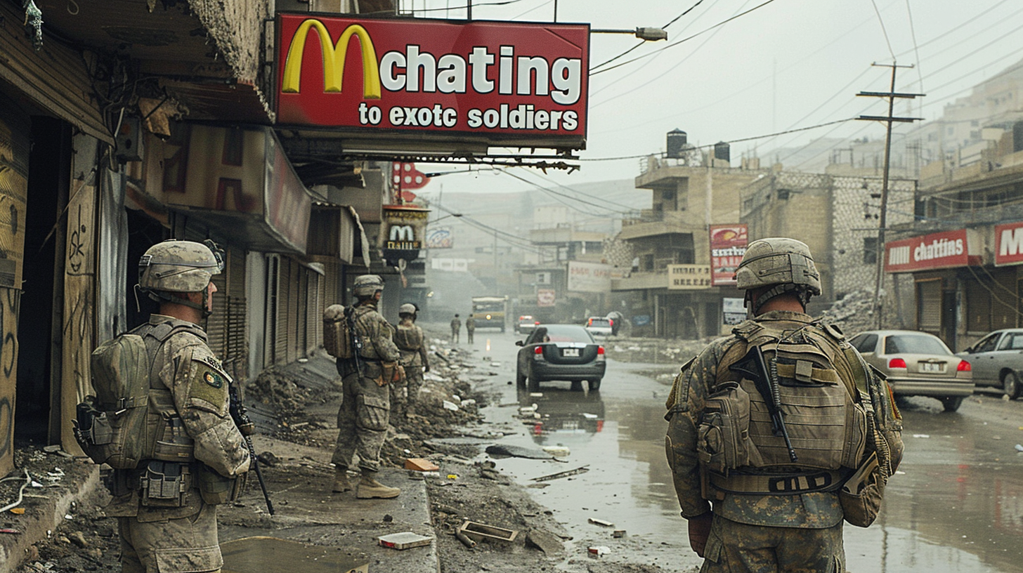 A group of soldiers, dressed in camouflage uniforms, are standing in the rain on a street. They are carrying guns and backpacks, and some are wearing helmets. The soldiers are positioned in front of a McDonald''s restaurant, with cars passing by in the background. The scene is intense and militaristic, with power lines overhead and mud on the ground. The soldiers appear to be on a mission or patrol, with a sense of urgency in the air. The rainy weather adds to the atmosphere of the image, creating a dramatic and somber tone.
