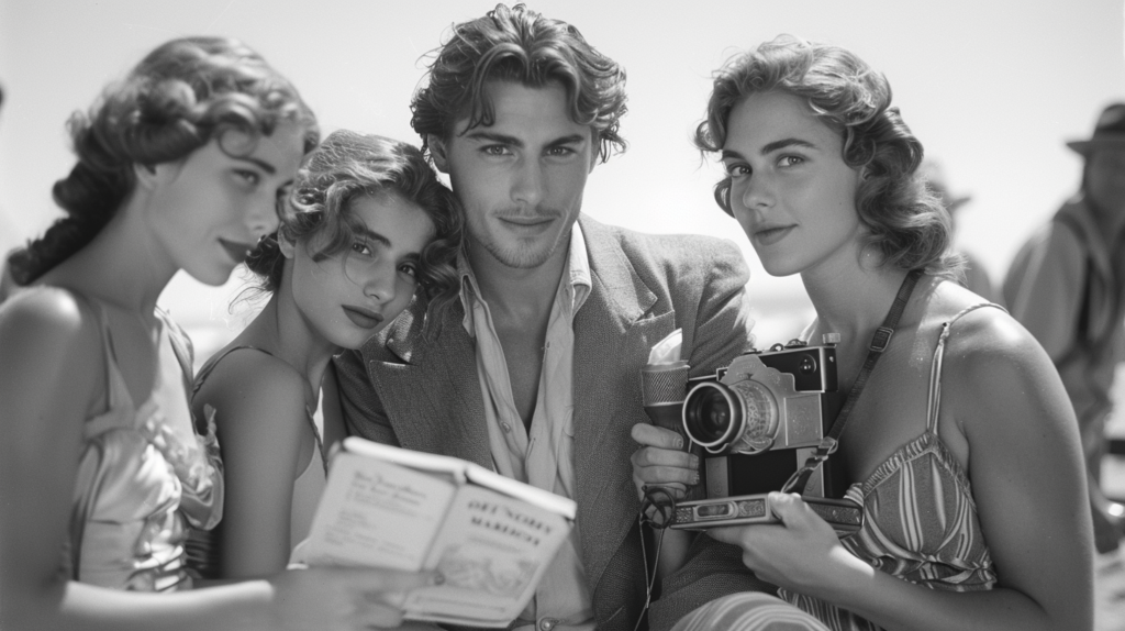 In this black and white photo, a group of people are gathered together, engaged in various activities. A woman is holding a camera, while a man stands behind her. Three individuals are seen holding a camera, with one person looking at a book. The scene captures a moment of camaraderie and shared experiences. The composition includes people of different genders and ages, each contributing to the overall dynamic of the group. The setting appears to be casual and intimate, suggesting a close-knit social circle enjoying each other''s company.