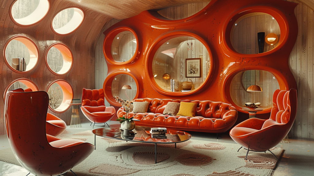 A cozy living room is depicted in the image, featuring a vibrant red leather couch as the focal point, accompanied by a glass table in the center. The room is also furnished with several chairs, including an orange wingback chair and a red chair, adding pops of color and style to the space. A variety of decorative elements can be seen, such as mirrors, lamps, and picture frames, enhancing the room''s aesthetic appeal. The overall ambiance of the room is warm and inviting, creating a comfortable and stylish living space for relaxation and entertainment.