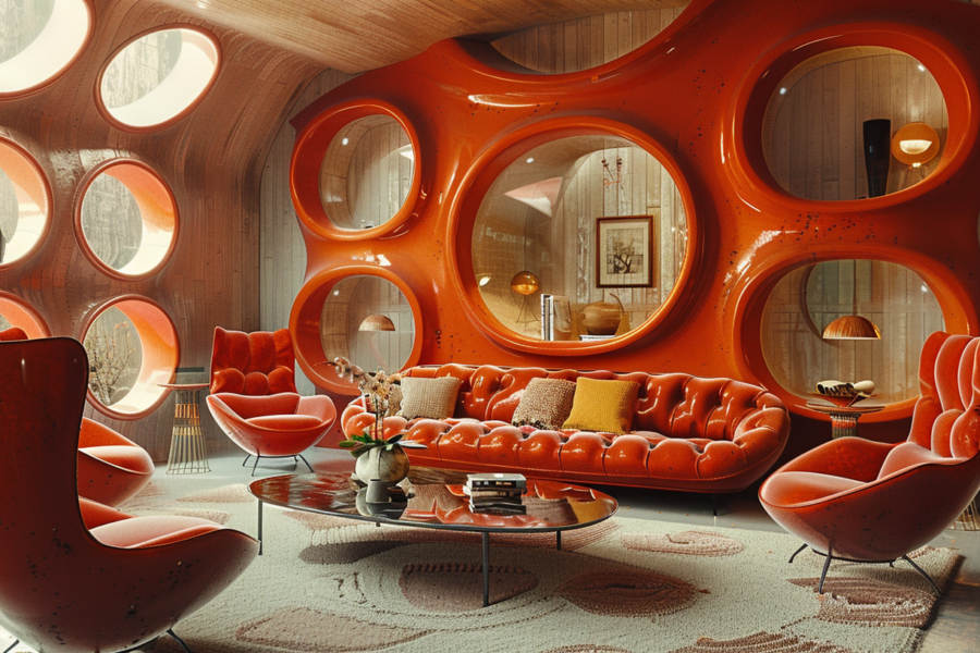 A cozy living room is depicted in the image, featuring a vibrant red leather couch as the focal point, accompanied by a glass table in the center. The room is also furnished with several chairs, including an orange wingback chair and a red chair, adding pops of color and style to the space. A variety of decorative elements can be seen, such as mirrors, lamps, and picture frames, enhancing the room''s aesthetic appeal. The overall ambiance of the room is warm and inviting, creating a comfortable and stylish living space for relaxation and entertainment.