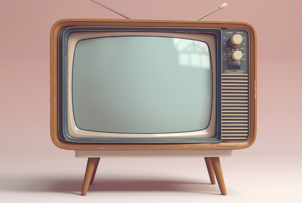A small television set with a wooden stand is depicted in the image. The television has a retro look and features an antenna on top. It is white in color and sits on a wooden stand. The stand is sturdy and complements the overall vintage aesthetic of the television. The television set is placed against a pink background, adding a pop of color to the scene. The electronic device appears to be in working condition, with its old-fashioned design giving it a nostalgic charm. No objects or people are visible in the image.