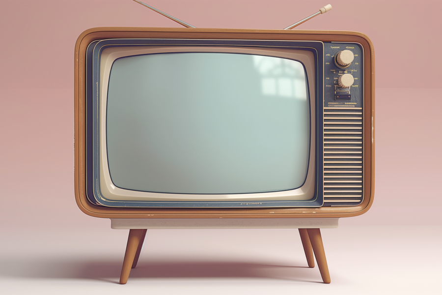 A small television set with a wooden stand is depicted in the image. The television has a retro look and features an antenna on top. It is white in color and sits on a wooden stand. The stand is sturdy and complements the overall vintage aesthetic of the television. The television set is placed against a pink background, adding a pop of color to the scene. The electronic device appears to be in working condition, with its old-fashioned design giving it a nostalgic charm. No objects or people are visible in the image.
