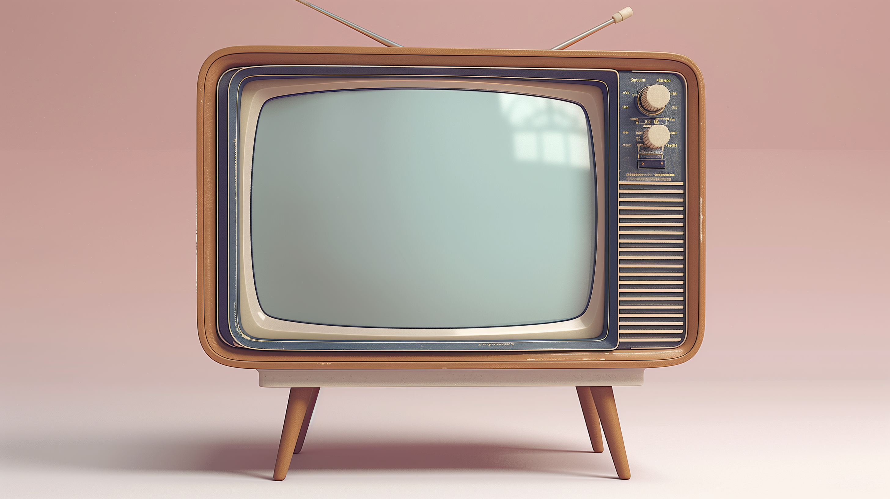 A small television set with a wooden stand is depicted in the image. The television has a retro look and features an antenna on top. It is white in color and sits on a wooden stand. The stand is sturdy and complements the overall vintage aesthetic of the television. The television set is placed against a pink background, adding a pop of color to the scene. The electronic device appears to be in working condition, with its old-fashioned design giving it a nostalgic charm. No objects or people are visible in the image.