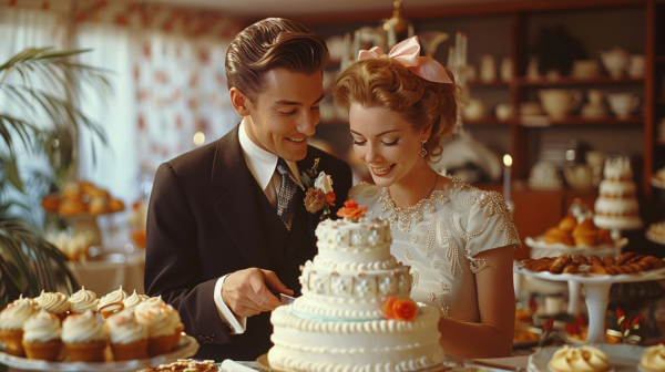 In this image, we see a man and a woman cutting a cake together. The man is wearing a suit and tie, while the woman is dressed in a white gown, suggesting that they are a bride and groom. The cake being cut is a wedding cake, adorned with flowers and candles. The scene is likely taking place at a wedding reception. The colors in the image are warm and inviting, with earthy tones dominating the palette. The focus is on the couple as they share this special moment, surrounded by the festivities of their celebration.