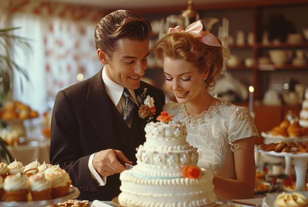 In this image, we see a man and a woman cutting a cake together. The man is wearing a suit and tie, while the woman is dressed in a white gown, suggesting that they are a bride and groom. The cake being cut is a wedding cake, adorned with flowers and candles. The scene is likely taking place at a wedding reception. The colors in the image are warm and inviting, with earthy tones dominating the palette. The focus is on the couple as they share this special moment, surrounded by the festivities of their celebration.