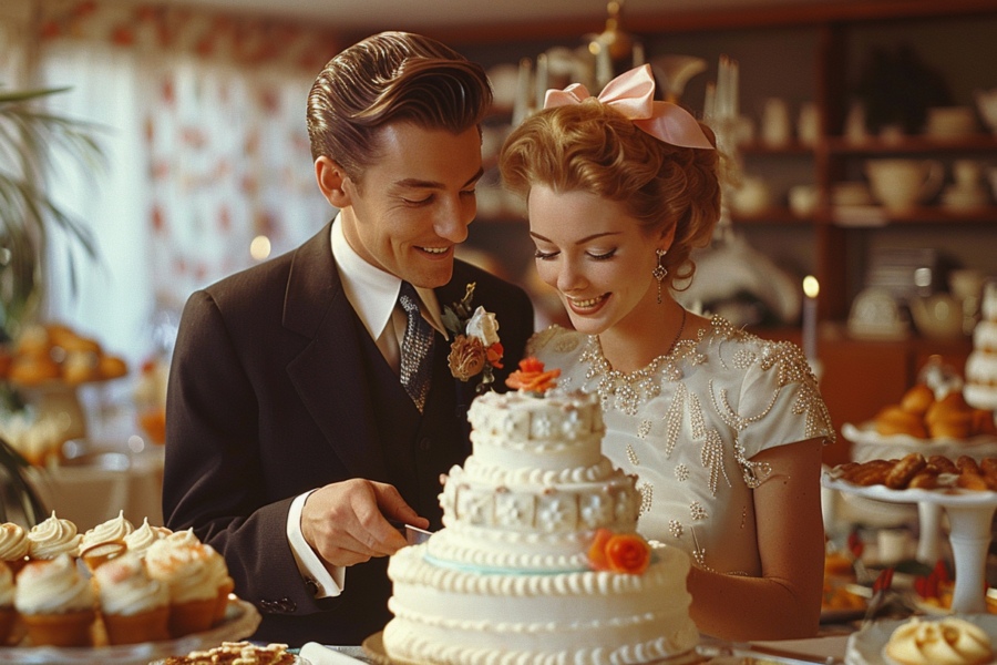 In this image, we see a man and a woman cutting a cake together. The man is wearing a suit and tie, while the woman is dressed in a white gown, suggesting that they are a bride and groom. The cake being cut is a wedding cake, adorned with flowers and candles. The scene is likely taking place at a wedding reception. The colors in the image are warm and inviting, with earthy tones dominating the palette. The focus is on the couple as they share this special moment, surrounded by the festivities of their celebration.