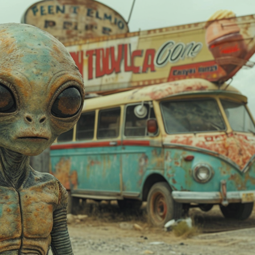 A surreal scene is captured in this image, featuring a statue of an alien standing in front of a worn-out bus in the desert. The bus is rusty, with a hood and window showing signs of decay. The alien is peculiar, with a rusty body and head, and a long nose. The setting is desolate, with a blue van in the background adding to the eerie atmosphere. The colors in the image are predominantly earthy tones, adding to the overall rusty and aged feel. The contrast between the alien, bus, and desert creates a mysterious and intriguing visual narrative.