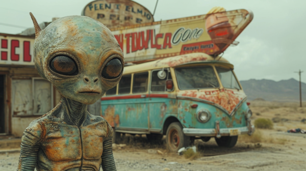 A surreal scene is captured in this image, featuring a statue of an alien standing in front of a worn-out bus in the desert. The bus is rusty, with a hood and window showing signs of decay. The alien is peculiar, with a rusty body and head, and a long nose. The setting is desolate, with a blue van in the background adding to the eerie atmosphere. The colors in the image are predominantly earthy tones, adding to the overall rusty and aged feel. The contrast between the alien, bus, and desert creates a mysterious and intriguing visual narrative.