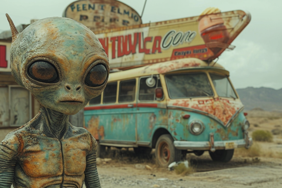 A surreal scene is captured in this image, featuring a statue of an alien standing in front of a worn-out bus in the desert. The bus is rusty, with a hood and window showing signs of decay. The alien is peculiar, with a rusty body and head, and a long nose. The setting is desolate, with a blue van in the background adding to the eerie atmosphere. The colors in the image are predominantly earthy tones, adding to the overall rusty and aged feel. The contrast between the alien, bus, and desert creates a mysterious and intriguing visual narrative.