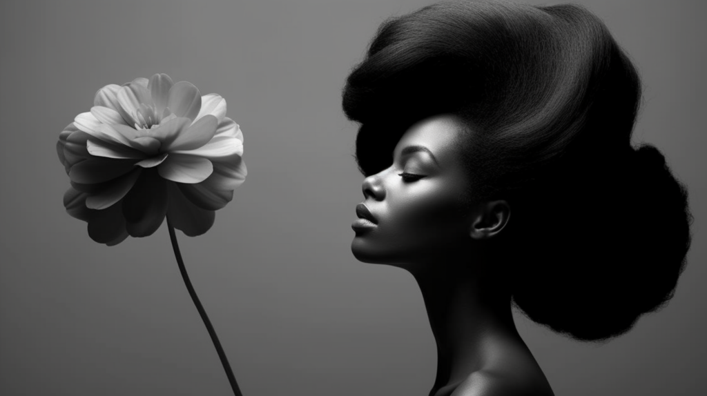 A black and white photo depicts a woman with a very long afro hairstyle, her eyes closed peacefully. She has a delicate flower tucked behind her ear, adding a touch of elegance to her look. The photo showcases the woman''s beautiful features, including her smooth skin and defined facial structure. The contrast between the dark tones of her hair and the light tones of her skin creates a striking visual impact. The focus is on the woman''s face, capturing a serene and contemplative expression. The image exudes a sense of beauty and tranquility.