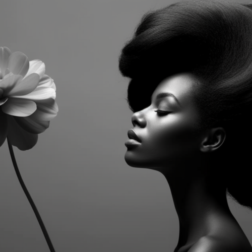 A black and white photo depicts a woman with a very long afro hairstyle, her eyes closed peacefully. She has a delicate flower tucked behind her ear, adding a touch of elegance to her look. The photo showcases the woman''s beautiful features, including her smooth skin and defined facial structure. The contrast between the dark tones of her hair and the light tones of her skin creates a striking visual impact. The focus is on the woman''s face, capturing a serene and contemplative expression. The image exudes a sense of beauty and tranquility.