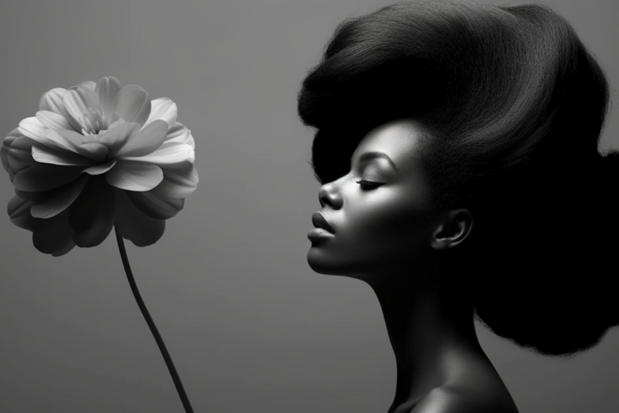 A black and white photo depicts a woman with a very long afro hairstyle, her eyes closed peacefully. She has a delicate flower tucked behind her ear, adding a touch of elegance to her look. The photo showcases the woman''s beautiful features, including her smooth skin and defined facial structure. The contrast between the dark tones of her hair and the light tones of her skin creates a striking visual impact. The focus is on the woman''s face, capturing a serene and contemplative expression. The image exudes a sense of beauty and tranquility.