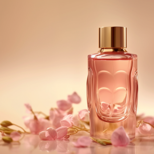 A bottle of perfume is placed on a table, surrounded by pink flowers. The bottle is the focal point of the image, standing out against the soft pink hues of the flowers. The table is a simple white surface, providing a clean background for the scene. In the foreground, a cup is partially visible, adding to the overall aesthetic. The composition creates a sense of elegance and femininity, with the perfume bottle exuding a delicate and fragrant presence. The image captures a moment of beauty and tranquility, inviting the viewer to appreciate the subtle details of the arrangement.