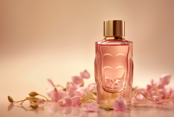 A bottle of perfume is placed on a table, surrounded by pink flowers. The bottle is the focal point of the image, standing out against the soft pink hues of the flowers. The table is a simple white surface, providing a clean background for the scene. In the foreground, a cup is partially visible, adding to the overall aesthetic. The composition creates a sense of elegance and femininity, with the perfume bottle exuding a delicate and fragrant presence. The image captures a moment of beauty and tranquility, inviting the viewer to appreciate the subtle details of the arrangement.