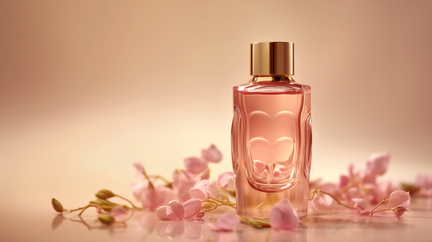 A bottle of perfume is placed on a table, surrounded by pink flowers. The bottle is the focal point of the image, standing out against the soft pink hues of the flowers. The table is a simple white surface, providing a clean background for the scene. In the foreground, a cup is partially visible, adding to the overall aesthetic. The composition creates a sense of elegance and femininity, with the perfume bottle exuding a delicate and fragrant presence. The image captures a moment of beauty and tranquility, inviting the viewer to appreciate the subtle details of the arrangement.