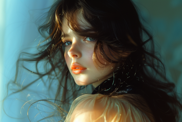 A young woman with long, flowing dark hair and striking orange lipstick is pictured in this image. She is wearing a stylish dress and has a confident expression on her face. The focus is on her face, specifically her eyes and lips. The background is blurred, emphasizing her features. The colors in the image include shades of green, blue, and brown. The woman''s age is estimated to be around 21 years old, and she is identified as female. Overall, the image captures a sense of elegance and beauty.