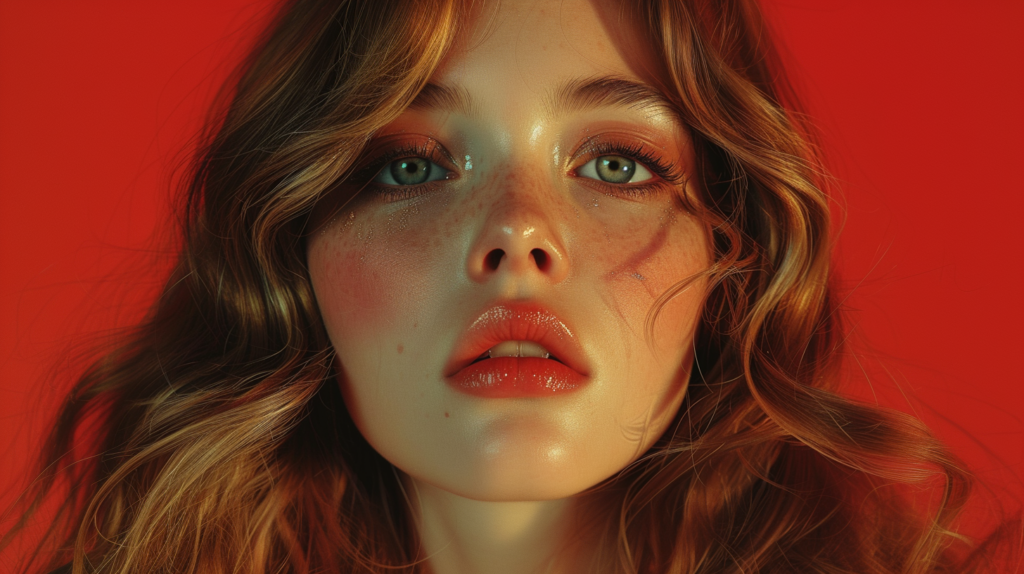 A close-up image of a young woman with brown hair and brown eyes standing against a vibrant red background. The woman''s face is the main focus of the picture, showcasing her flawless complexion and striking features. She is wearing red lipstick, which adds a bold pop of color to her overall look. The image exudes a sense of confidence and beauty, with the woman''s expression conveying a mix of mystery and allure. The lighting highlights her features perfectly, creating a captivating and visually appealing portrait.