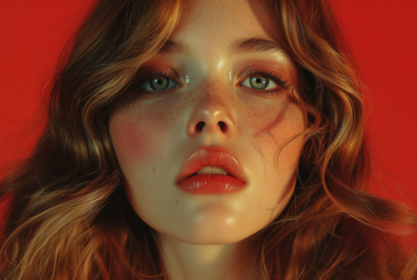 A close-up image of a young woman with brown hair and brown eyes standing against a vibrant red background. The woman''s face is the main focus of the picture, showcasing her flawless complexion and striking features. She is wearing red lipstick, which adds a bold pop of color to her overall look. The image exudes a sense of confidence and beauty, with the woman''s expression conveying a mix of mystery and allure. The lighting highlights her features perfectly, creating a captivating and visually appealing portrait.