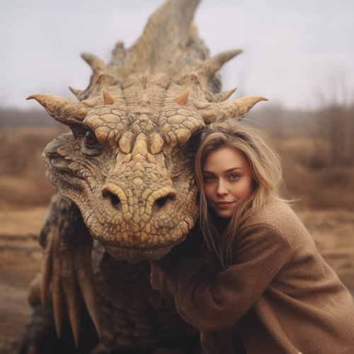 A close-up image of a woman embracing a large dinosaur head in a field. The woman, who appears to be in her mid-twenties, is seen hugging the dinosaur head passionately. The focus is on the woman''s face as she embraces the creature, showing a mix of awe and affection. The scene captures a sense of wonder and connection between the woman and the mythical creature. The colors in the image include shades of gray, brown, and black, creating a natural and earthy tone. The overall composition conveys a sense of intimacy and fantasy, blending reality with imagination.