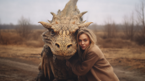 A close-up image of a woman embracing a large dinosaur head in a field. The woman, who appears to be in her mid-twenties, is seen hugging the dinosaur head passionately. The focus is on the woman''s face as she embraces the creature, showing a mix of awe and affection. The scene captures a sense of wonder and connection between the woman and the mythical creature. The colors in the image include shades of gray, brown, and black, creating a natural and earthy tone. The overall composition conveys a sense of intimacy and fantasy, blending reality with imagination.