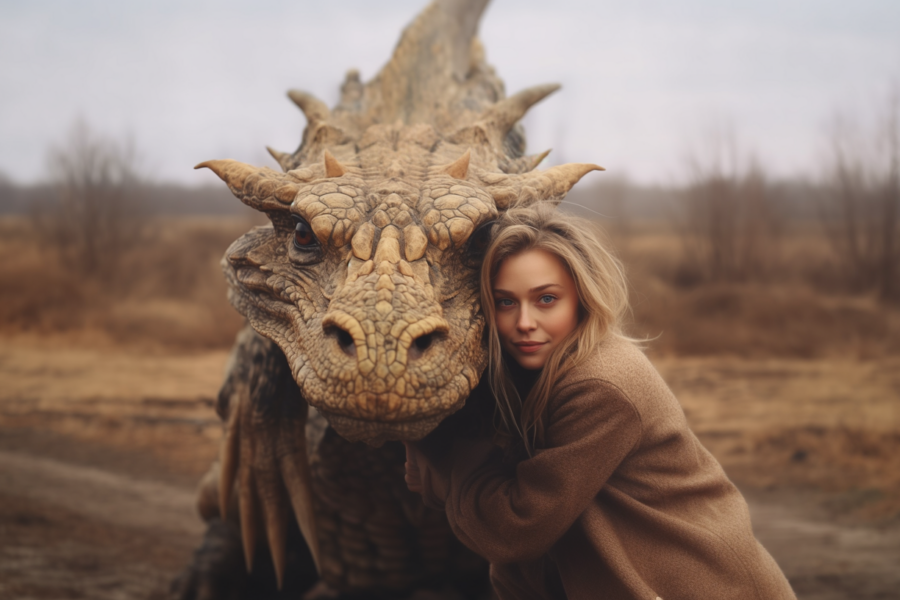 A close-up image of a woman embracing a large dinosaur head in a field. The woman, who appears to be in her mid-twenties, is seen hugging the dinosaur head passionately. The focus is on the woman''s face as she embraces the creature, showing a mix of awe and affection. The scene captures a sense of wonder and connection between the woman and the mythical creature. The colors in the image include shades of gray, brown, and black, creating a natural and earthy tone. The overall composition conveys a sense of intimacy and fantasy, blending reality with imagination.