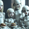 In a whimsical scene, a group of dolls are sitting next to each other, each uniquely styled and positioned. The dolls are of various sizes, shapes, and colors, with some holding hamburgers and wearing different accessories like bracelets and shoes. One doll stands out with a robot head, while another doll is wearing headphones. The dolls are surrounded by a mix of colors like white, gray, and blue, creating a playful and charming atmosphere. The image also features facial recognition data, identifying the age and gender of some of the dolls. Overall, it is a delightful and colorful composition of doll character