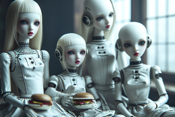 In a whimsical scene, a group of dolls are sitting next to each other, each uniquely styled and positioned. The dolls are of various sizes, shapes, and colors, with some holding hamburgers and wearing different accessories like bracelets and shoes. One doll stands out with a robot head, while another doll is wearing headphones. The dolls are surrounded by a mix of colors like white, gray, and blue, creating a playful and charming atmosphere. The image also features facial recognition data, identifying the age and gender of some of the dolls. Overall, it is a delightful and colorful composition of doll character