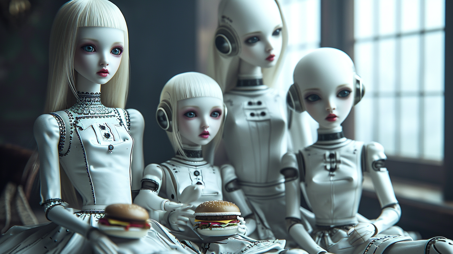 In a whimsical scene, a group of dolls are sitting next to each other, each uniquely styled and positioned. The dolls are of various sizes, shapes, and colors, with some holding hamburgers and wearing different accessories like bracelets and shoes. One doll stands out with a robot head, while another doll is wearing headphones. The dolls are surrounded by a mix of colors like white, gray, and blue, creating a playful and charming atmosphere. The image also features facial recognition data, identifying the age and gender of some of the dolls. Overall, it is a delightful and colorful composition of doll character