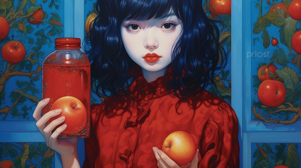In this painting, a young woman with blue hair and wearing a red shirt is depicted holding two jars. In her left hand, she holds a jar of colorful fruits, including apples. In her right hand, she holds a jar filled with liquid, possibly juice, with a tomato floating inside. The woman''s facial features are not clearly visible, but she appears to be smiling. The background of the painting is not detailed, focusing solely on the woman and the jars she is holding. The colors used in the painting are predominantly earthy tones, with accents of deep red and blue. The overall composition creates a vibrant and whimsical scene.